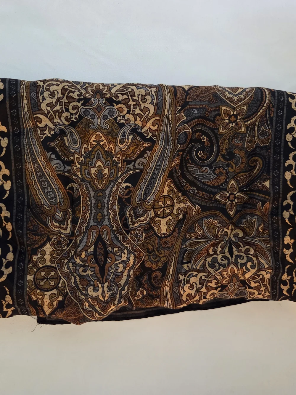 S125. Vintage Anne Klein Brown Paisley Scarf with Black Trim